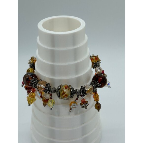 Artisan Lampwork Glass Bracelet With Amber Gold Swirl and Faceted Beads - Picture 14 of 16